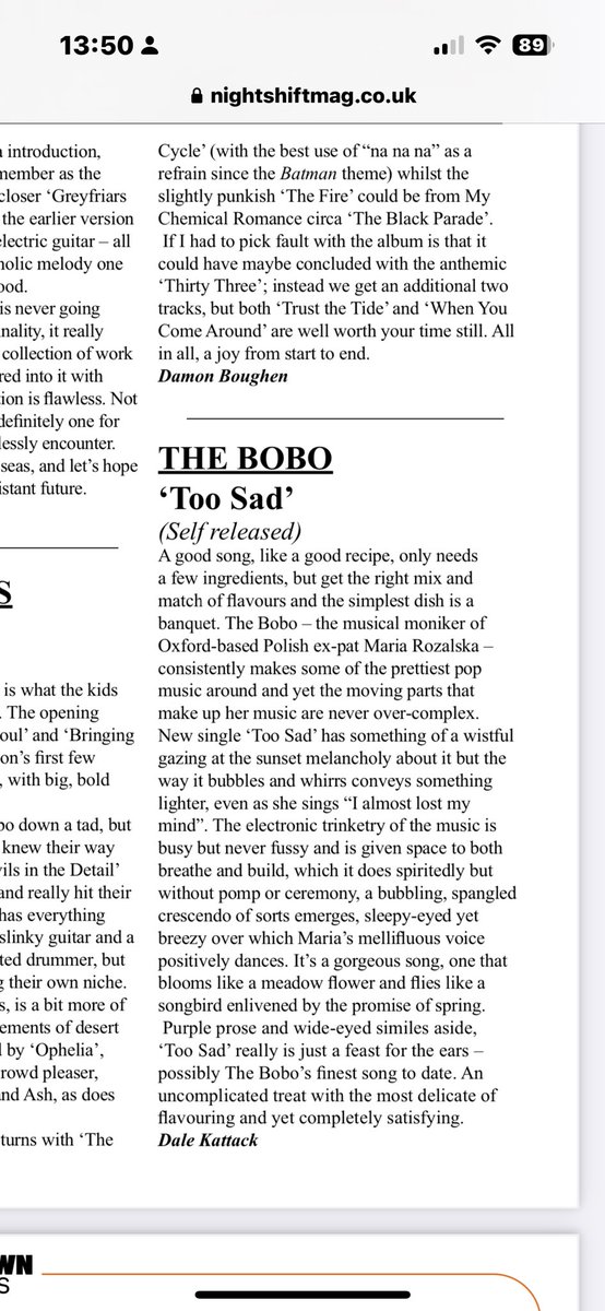 Thank you @NighshiftMag for this amazing review of Too Sad 💙