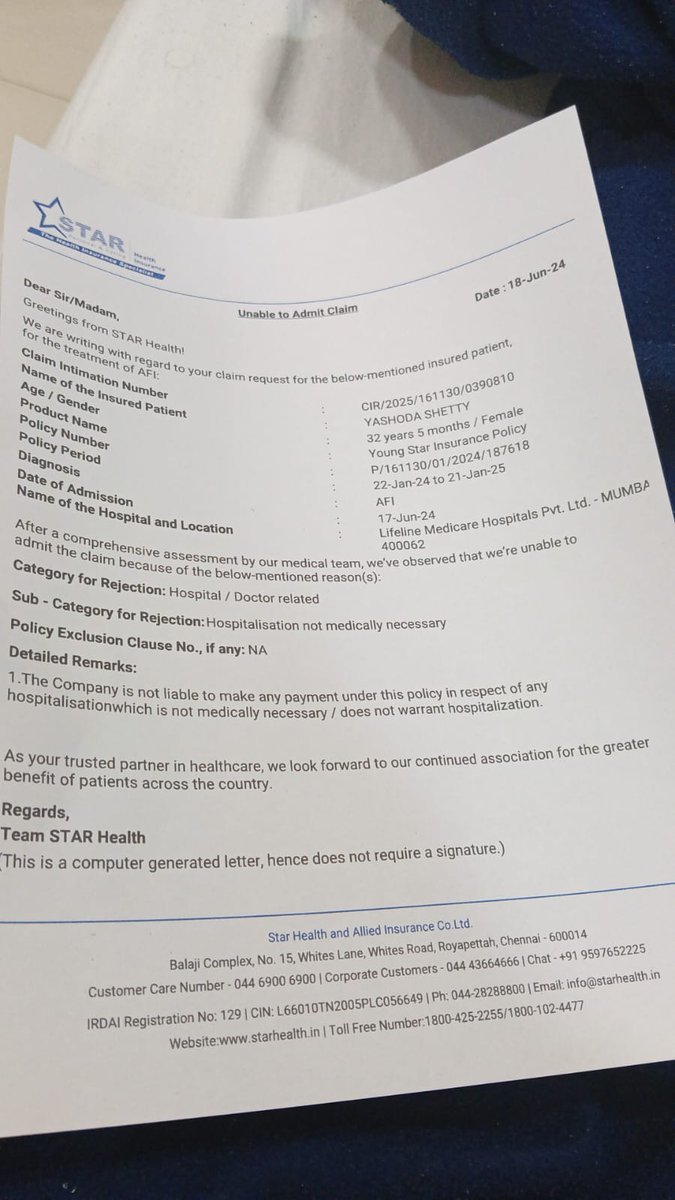 rohitsemlani's tweet photo. @starhealth @Policybazaar_in Extremely disappointed with the rejection of our employee claim for pneumonia hospitalization. Despitedoctor's recommendation for admission, your team deemed it "not medically necessary." This is unacceptable. Please review and resolve this urgently. https://t.co/VfefA5NIcl