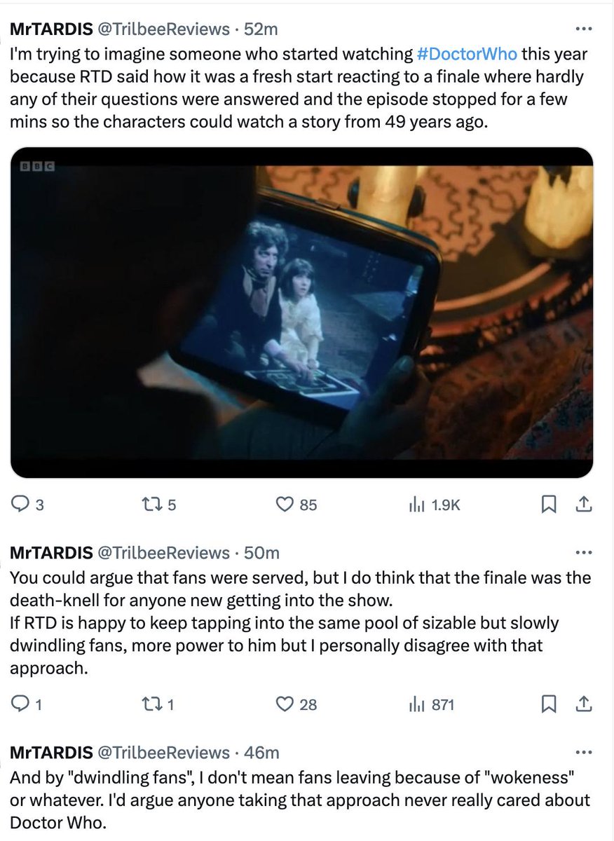 JohnTheWhite1's tweet photo. Do you want final proof that #DisneyWho has failed?
Even supershill arselicker @TrilbeeReviews is calling it out!
There are no fans left, RTD has finally made a show too bad to be liked by ANYONE
Disney should cancel now and get a refund...
#RIPDoctorWho https://t.co/5l1SxxahSE