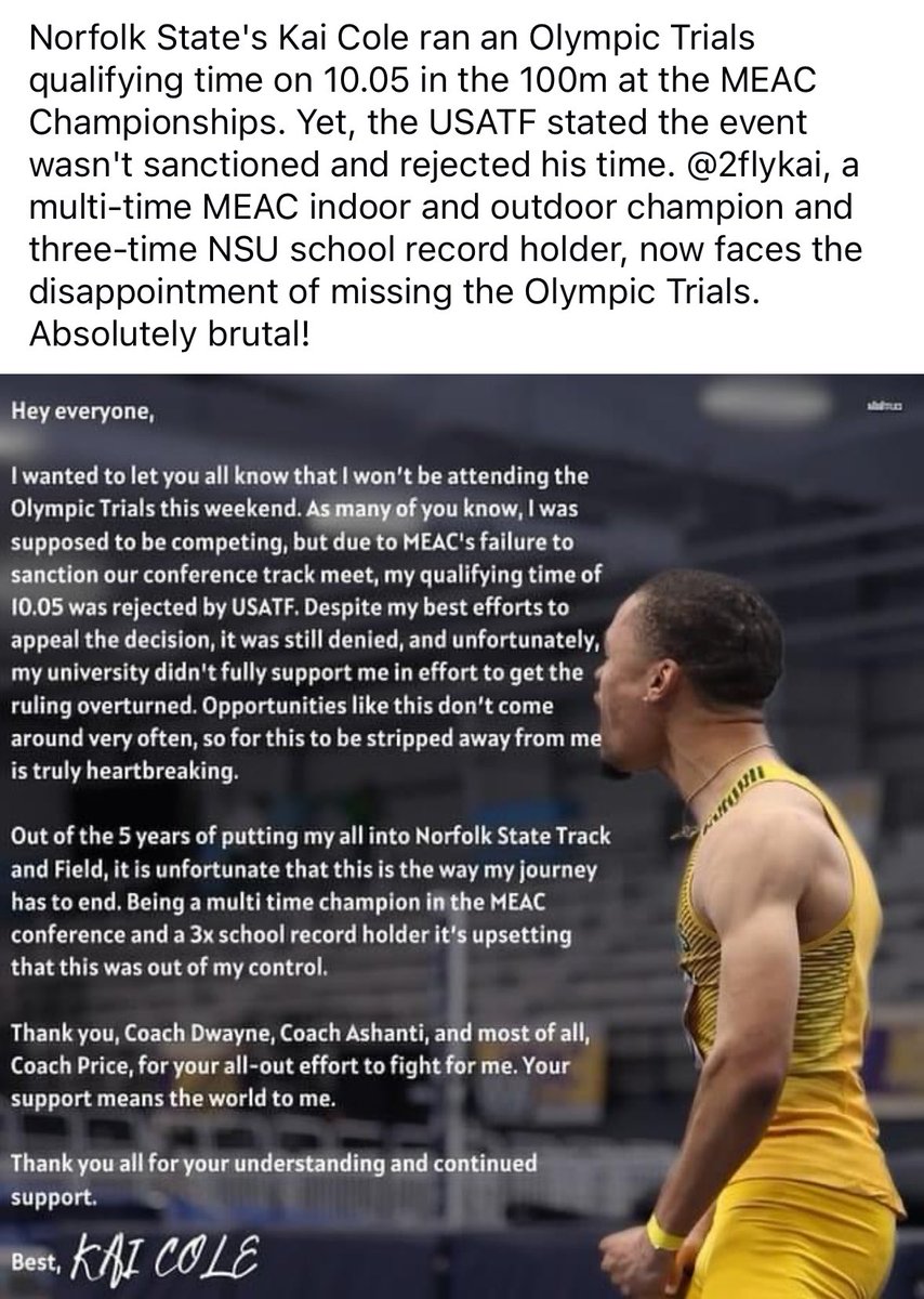 CoachToney's tweet image. When we as a whole talk about equality and equal opportunity for everyone this is what we are talking about. This young man has to miss out when he may be one of the best to represent his country.

#FITIT #OLYMPICTRIALS #HBCU #HELP #CHANGEISNEEDED #CAREABOUTUS #DOBETTER #TRACK
