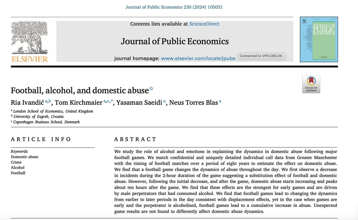 ⚽️Euros are being played⚽️ Analysing 800+ football games (UK), we found that they change the dynamics of domestic abuse with largest ⬆️ 8-10hrs after the game. Driven by increased 🍻🍻 and not the result of the game. 

Details here:
sciencedirect.com/science/articl…