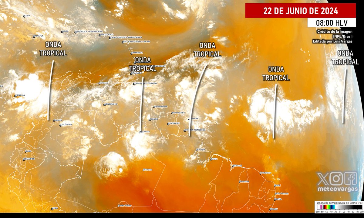 Meteovargas's tweet photo. #22Jun En imagen de diferencial de vapor de agua se aprecia la actividad asociada a las ondas tropicales vigentes en la RDP Atlántico-Caribe:

➡️La que generó lluvias días previos en varios estados de Venezuela, ya se encuentra en el norte de Colombia. 
➡️Sigue la que se ubica hoy sobre el oriente de nuestro país.
➡️La próxima está situada al noreste de Guayana Francesa y nos llegará al este del territorio nacional entre mañana en la noche al lunes en la madrugada.
➡️Claramente identificada la onda tropical en el Atlántico central tropical (indicada más atrás por el NHC). Se moverá rápidamente y nos pudiera llegar entre el lunes en la noche a martes en la madrugada. 
➡️Asomándose ya en costas africanas la décimo quinta onda tropical de la temporada.