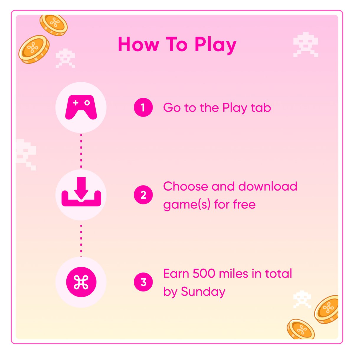 getmilesapp's tweet photo. 🎮🌟 Bonus Miles Alert 🌟 🎮
Get 5,000 bonus miles this weekend playing FREE games! Here's how: 

1. Go to the Play tab in our app 
2. Select and download game(s)
3. Earn 500+ miles in total by Sunday 

Bonus miles will be awarded on 6/28. 

#weekend #getmilesapp #bonusmiles https://t.co/z5I50U4mfY