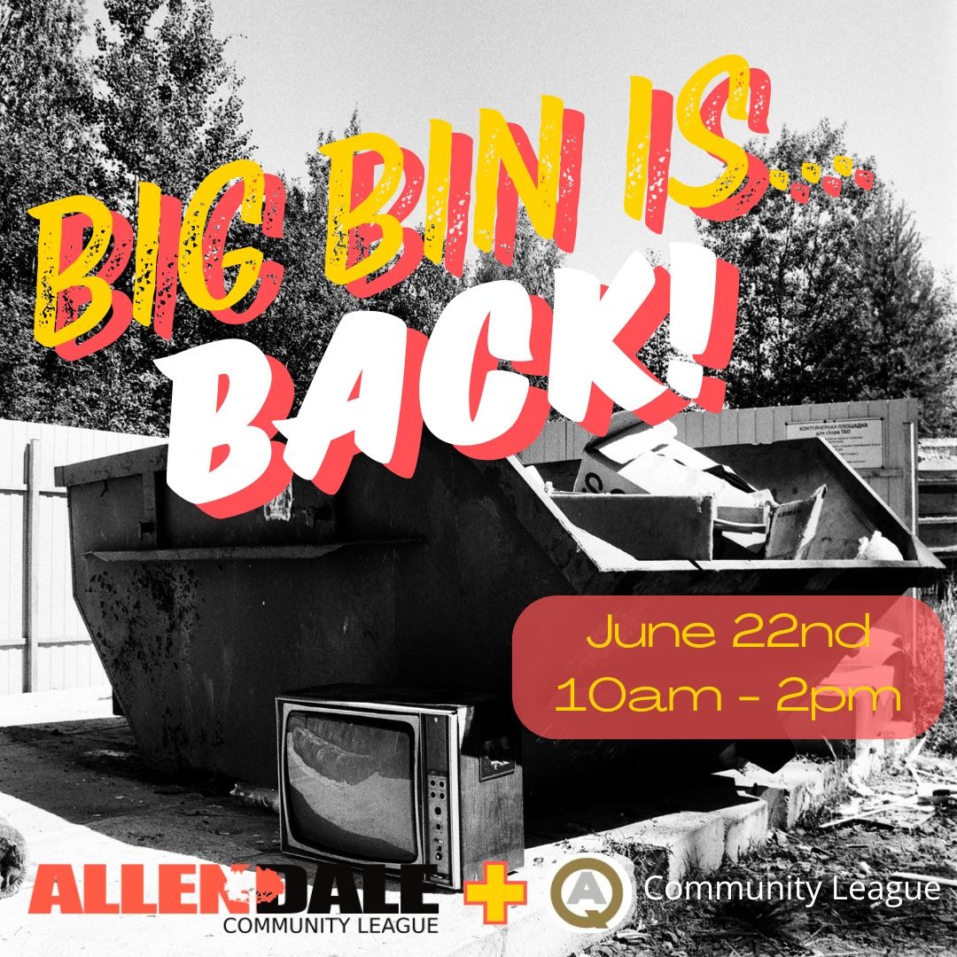 Today is the day for our Big Bin! Must have a 2024/2025 community league membership from Allendale or Queen Alexandra, or sign up for one at the event!
Today June 22, 10am - 2pm, Allendale School parking lot (6415 106 St NW)
Accepted items: allendalecommunity.ca/allendale-quee…