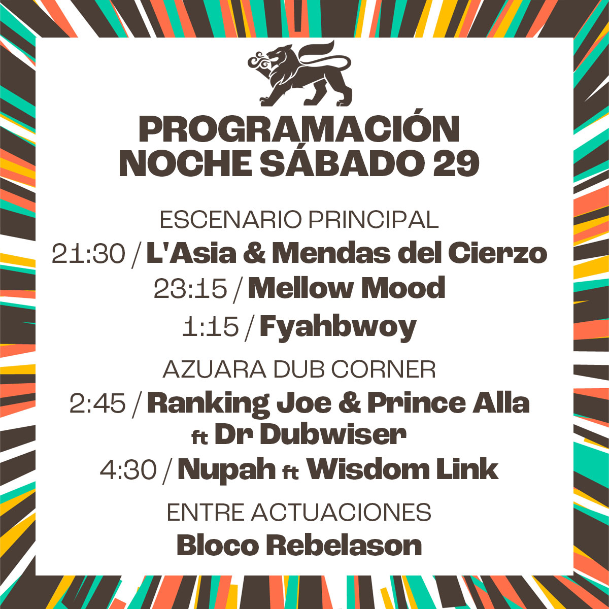 Horarios para el Viernes 28 noche y Sábado 29 Noche. 
#lagatareggaefestival #azuara #zaragoza #mellowmood #generallevy #Fyahbwoy #Greenvalley #rankingjoe #princealla #drdubwiser #4bob #lasia #Morganasouljah #wisdomlink #kalahari #skank45 #nupah #rebelason #miraelbuenrap