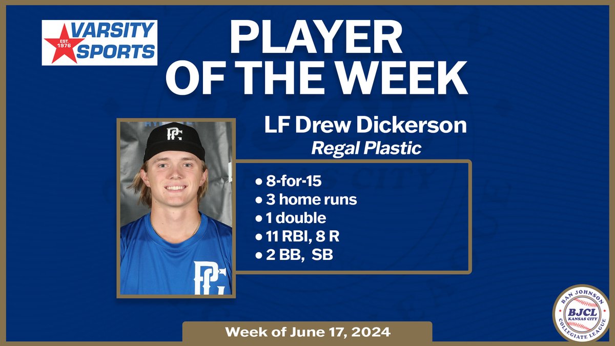 Congratulations to Varsity Sports Player of the Week, Regal Plastic LF <a href="/DrewMDickerson/">Drew Dickerson</a> (<a href="/LSWHS_baseball/">LSWHS_Baseball</a> / <a href="/OU_Baseball/">Oklahoma Baseball</a> commit)! #BJCL