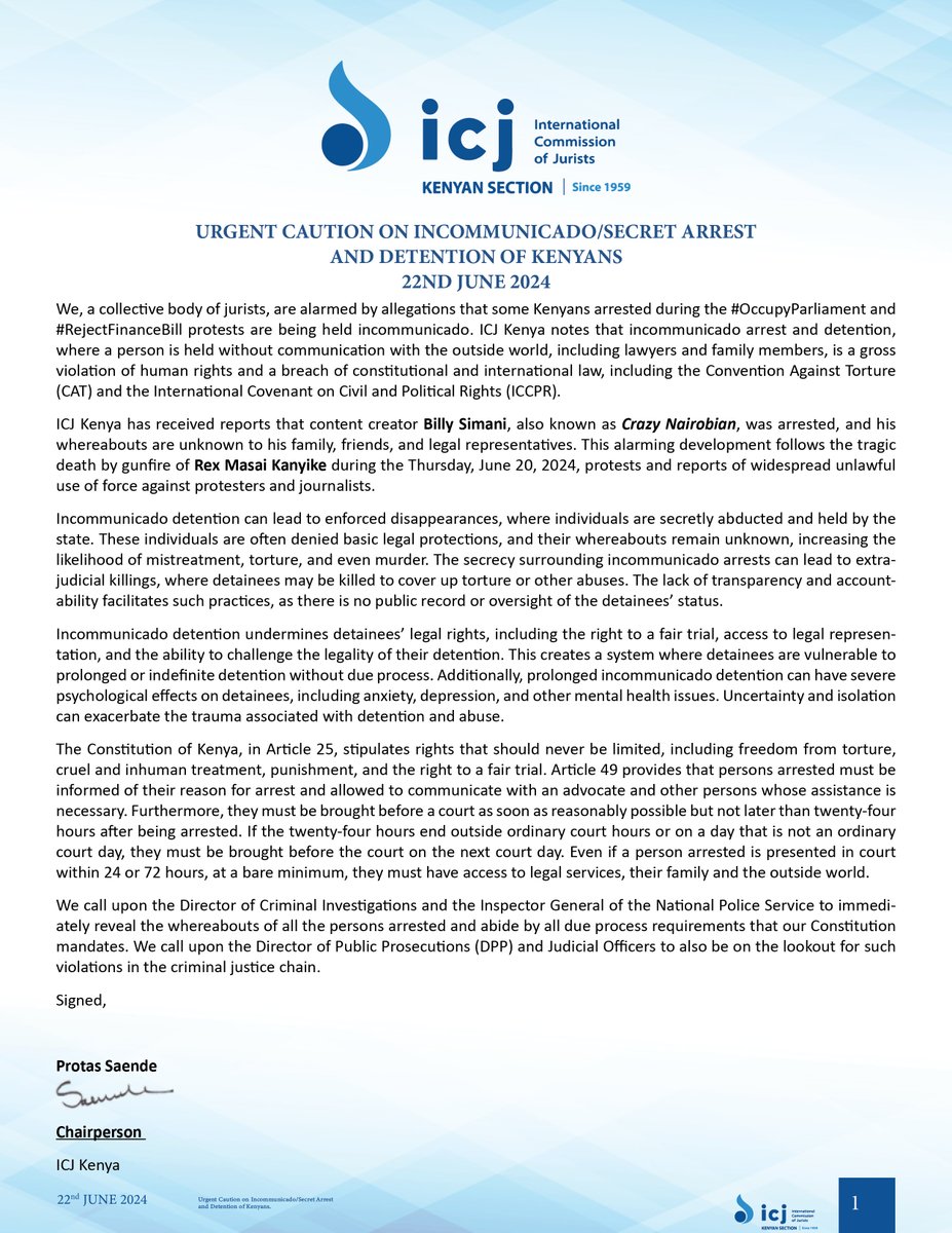 STATEMENT: ICJ Kenya notes that incommunicado arrest and detention, where a person is held without communication with the outside world, including lawyers and family members, is a gross violation of human rights and a breach of constitutional and international law. #FreeBilly