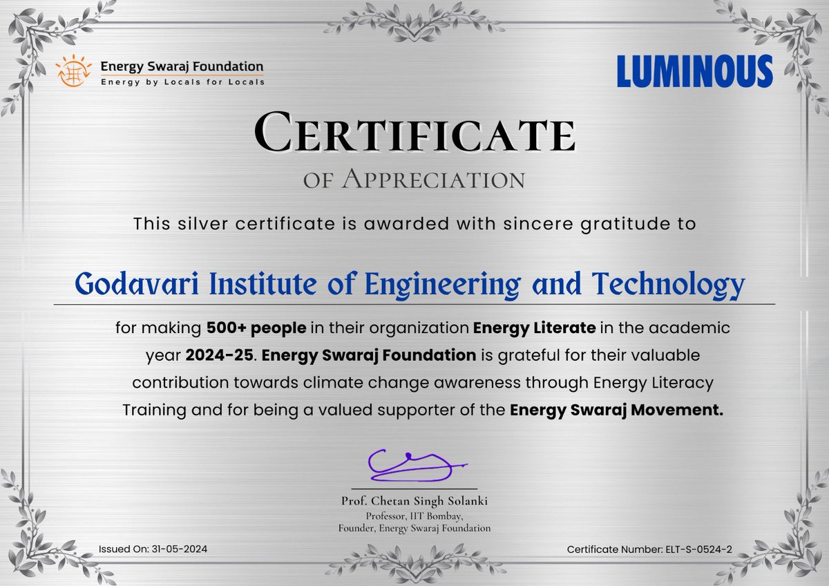 Energy_Swaraj's tweet image. Sr Sec. School Sonipat, Haryana(@PIETPanipat )
Godavari Institute of Engineering and Technology have encouraged their students, completed 500+ ELT certifications in May, and got Silver #Certificate of appreciation.
#ActionForClimateCorrection