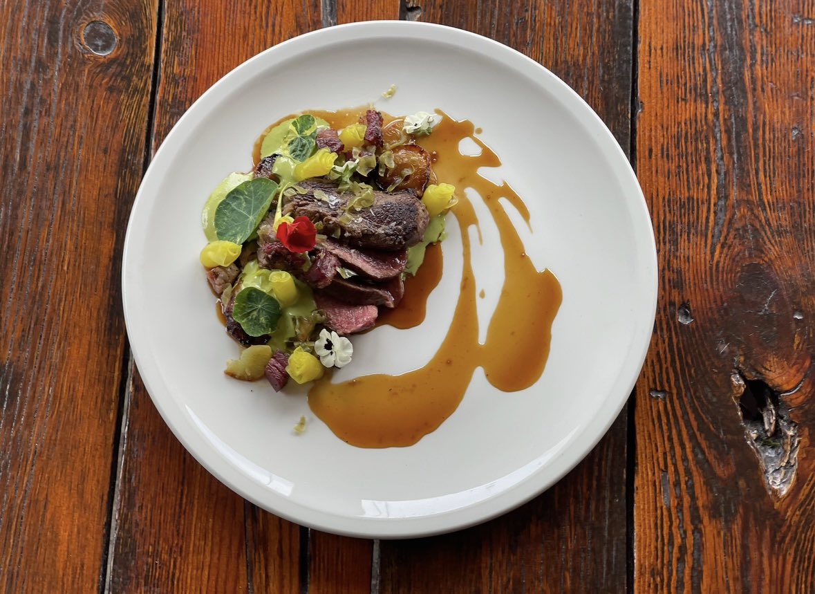 Buckner family ranch lamb loin
Variations of celtuce, lamb bacon, nepitella sabayon, miso cured duck yolk, mint jus