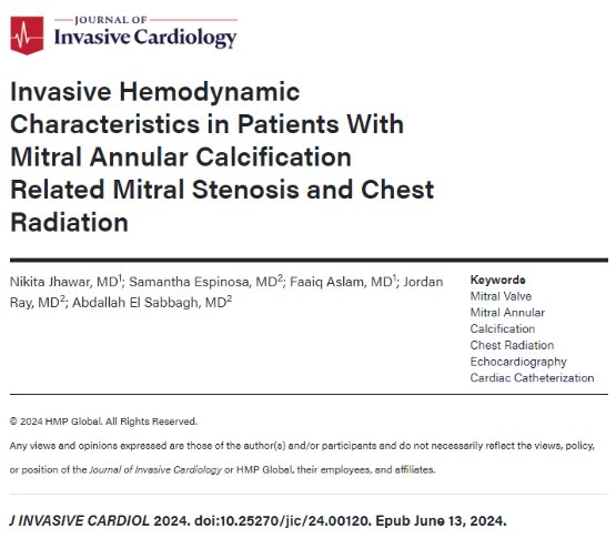 Excited to share our recent publication which describes novel hemodynamic findings in patients with MAC-related MS and prior chest radiation  <a href="/aelsab/">Abdallah El Sabbagh</a> <a href="/sammiches14/">Samantha Espinosa, MD MPH</a>
pubmed.ncbi.nlm.nih.gov/38870446/