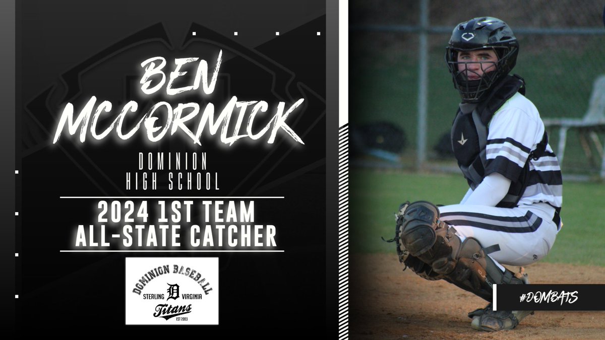 Congratulations to Ben McCormick on being selected 1st Team Catcher for the <a href="/VHSL_/">VHSL Athletics</a> 2024 All-State Team. Fantastic season! Well deserved! We are proud of you! ⚪️⚫️💪👍 #dombats #allstate #development #gotitans #vhsl <a href="/TitanAthletics2/">Titan Athletics</a> <a href="/DominionLcps/">DominionLCPS</a> <a href="/WashPostHS/">WashPost HS Sports</a>
