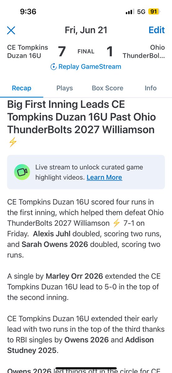 Day 2 Scenic City:

Slow start. We got to come out ready. We will learn from it and be better. So proud of the fight we showed though. Down 7-2 and came back in the last inning and got the tie 7-7. 

Played great against a tough Ohio Bolts team in our second game!  Good win!