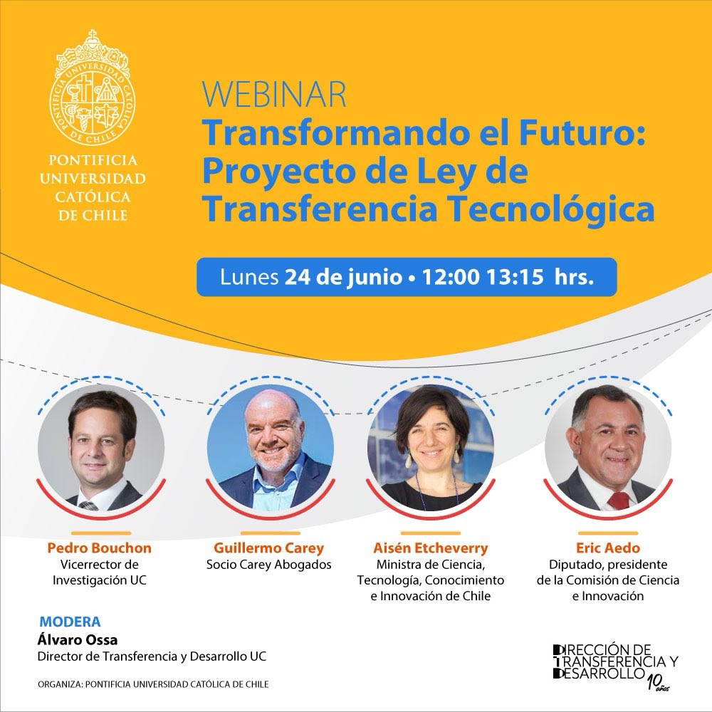 Te invitamos al webinar en vivo 🔴en donde podrás conocer los detalles del proyecto de ley de transferencia tecnológica que actualmente está en discusión en la Cámara de Diputadas y Diputados de 🇨🇱 
LUNES 24 de Junio 2024 12:00 a 13:15
Inscripciones 👉🏾 transferenciaydesarrollo.uc.cl/asiste-al-webi…