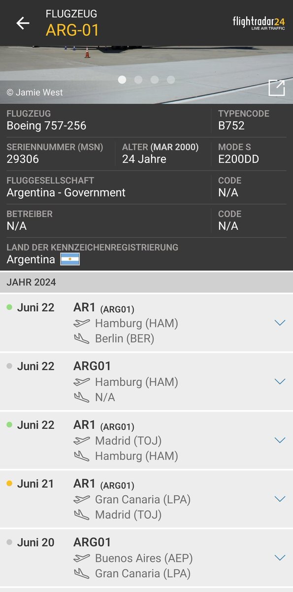 ToRue's tweet photo. @tagesschau Inzwischen fliegt #Milei auch nicht mehr Linie, sondern nutzt die Regierungsmaschine #ARG01 https://t.co/Nn4oKQElOL