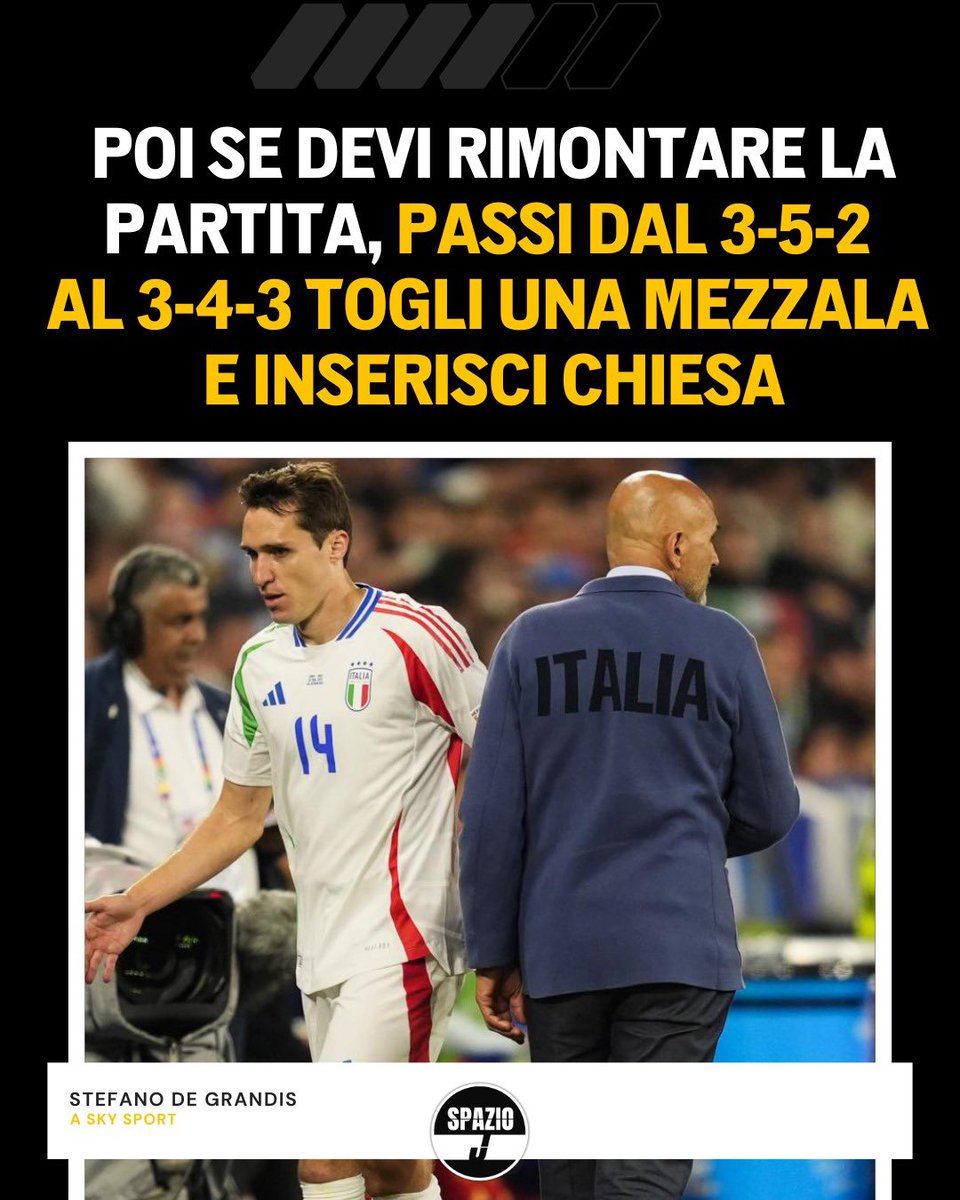Spazio_J's tweet image. #DeGrandis è intervenuto così dagli studi di Sky Sport in merito alle prestazioni di #Chiesa con l’#Italia a #Euro2024 🗣️

Per l’opinionista, il giocatore della #Juventus non è in condizione e in un ipotetico 3-5-2 contro la #Croazia dovrebbe giocare #Bellanova 😳

Pareri? ⤵️