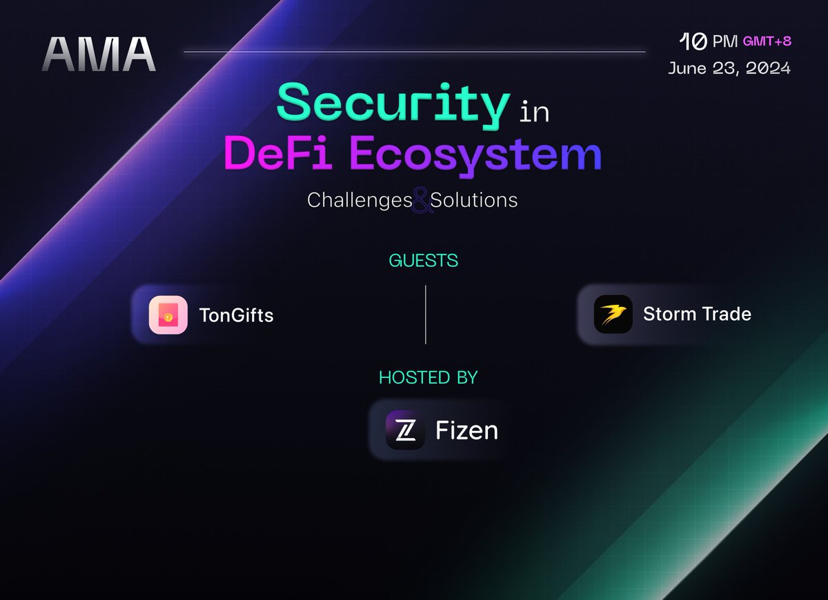 Fizen Super App - Pay for Everything With Crypto (@fizenapp) on Twitter photo ๐จ Join us for a blast AMA discussing about "Security in DeFi Ecosystem" this Sunday.
We've got some serious brainpower lined up:
๐ <a href="/TonGiftsbot/">TonGifts</a> - Web 3.0 Social Engine on #Telegram and #Ton
๐ <a href="/storm_trade_ton/">Storm Trade โก๏ธ</a> - First SocialFi Perp DEX in @Telegram based on @Ton_blockchain
๐ ๐จ Join us for a blast AMA discussing about "Security in DeFi Ecosystem" this Sunday.
We've got some serious brainpower lined up:
๐ <a href="/TonGiftsbot/">TonGifts</a> - Web 3.0 Social Engine on #Telegram and #Ton
๐ <a href="/storm_trade_ton/">Storm Trade โก๏ธ</a> - First SocialFi Perp DEX in @Telegram based on @Ton_blockchain
๐