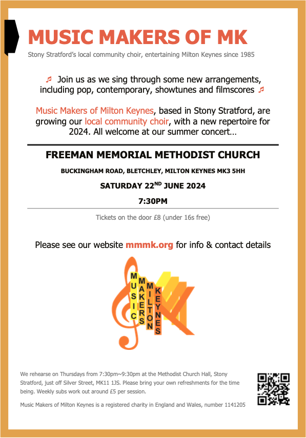 TONIGHT - last call for our Summer Concert at Freeman Memorial Methodist Church, Bletchley - £8 tickets available on the door (under 16s free), for 7:30pm start - see poster or mmmk.org for more
