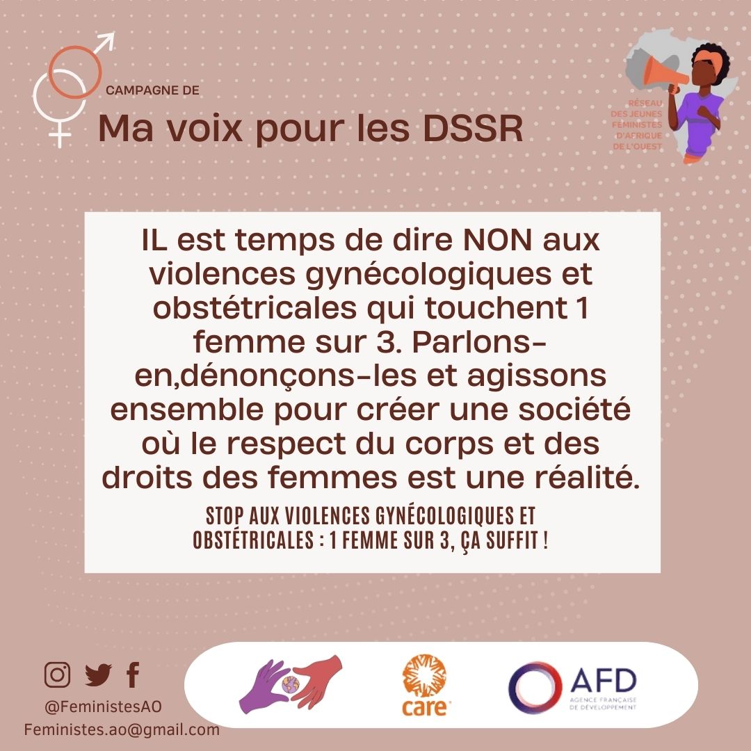 Réseau des Jeunes Féministes d'Afrique de l'Ouest (@feministesao) on Twitter photo Brisons le silence sur les violences gynécologiques et obstétricales !En parler,c'est agir et briser les tabous.
Ensemble, luttons pour un respect inconditionnel du corps et des droits des femmes.#SantéPublique #DroitsDesFemmes #Mavoix #StopVGO <a href="/CareNiger/">CARE Niger / Burkina Faso</a> <a href="/CAREfrance/">CARE France</a> <a href="/AFD_France/">Agence Française de #Développement (AFD) 🇫🇷 🇪🇺</a> Brisons le silence sur les violences gynécologiques et obstétricales !En parler,c'est agir et briser les tabous.
Ensemble, luttons pour un respect inconditionnel du corps et des droits des femmes.#SantéPublique #DroitsDesFemmes #Mavoix #StopVGO <a href="/CareNiger/">CARE Niger / Burkina Faso</a> <a href="/CAREfrance/">CARE France</a> <a href="/AFD_France/">Agence Française de #Développement (AFD) 🇫🇷 🇪🇺</a>