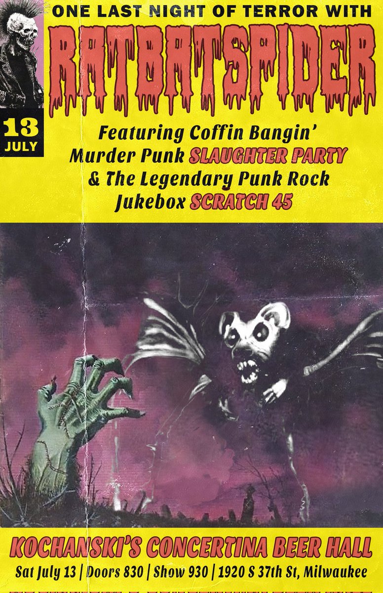 Ratbatspider (@ratbatspider) on Twitter photo This is gonna be a rager...come join us for one last time....we've got one hell of a setlist planned....and a surprise or two.... Saturday July 13th
Doors 8:30, <a href="/SlaughterParty_/">SLAUGHTER PARTY</a> kicks things off at 9:30! Kochanski's Concertina Beer Hall
facebook.com/share/UjEDRFES… This is gonna be a rager...come join us for one last time....we've got one hell of a setlist planned....and a surprise or two.... Saturday July 13th
Doors 8:30, <a href="/SlaughterParty_/">SLAUGHTER PARTY</a> kicks things off at 9:30! Kochanski's Concertina Beer Hall
facebook.com/share/UjEDRFES…
