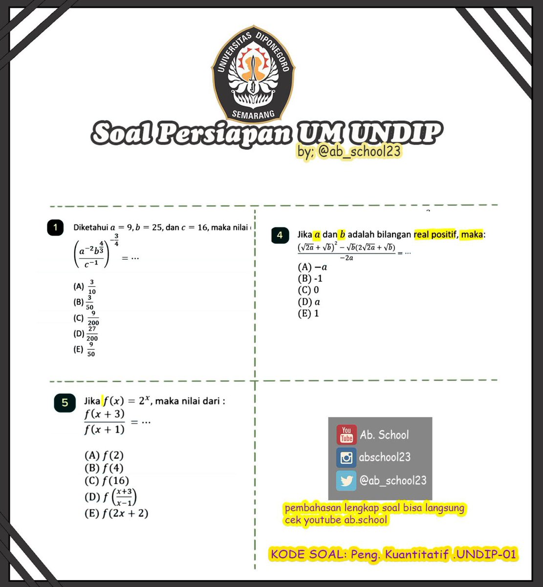 UM UNDIP 2024 Bag.2!
Buat yang mau Tes Ujian Mandiri UNDIP (UM UNDIP), yuk latihan lanjutan tipe soal Pengetahuan Kuantitatif yang sering muncul! 
Untuk pembahasan lengkapnya bisa langsung cek kesini youtu.be/3PMBjFsNC24?si…