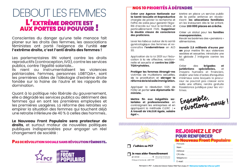 OrvaultPcf's tweet photo. 🚩"Debout les Femmes : L'extrême droite est aux portes du pouvoir!"

Retrouvez les 🔟 priorités à défendre du @PCF, engagé au sein du #NouveauFrontPopulaire, pour soutenir les droits des femmes face à la menace des forces réactionnaires⤵️

#RévolutionFéministe #RevoltonsNous #PCF https://t.co/Pa03p4w9ME