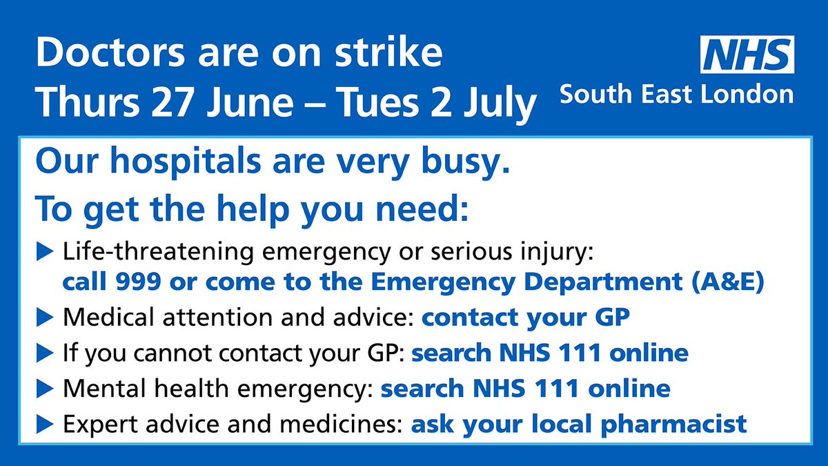 Doctors’ industrial action starts Thursday 27 June at 7am. This means hospitals in south east London will be busier than usual.

For emergencies, call 999. For health needs that are not life-threatening, contact your GP or NHS 111 online.

selondonics.org/help-us-to-hel…