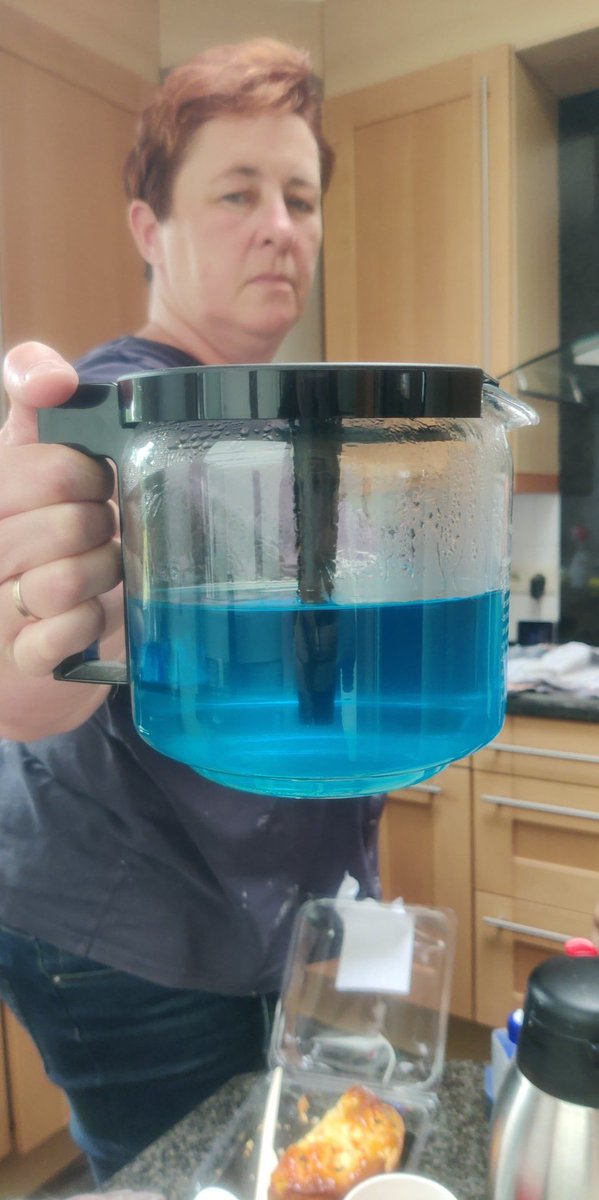 Moeder van vriendin heeft mijn kostelijke Moccamaster (die we al tijdje niet gebruiken vanwege verhuis) ontkalkt met azijn en ze krijgt nu blauw water. Iemand enig idee wat dit kan zijn en me kan kalmeren dat het niet kapot is nu?