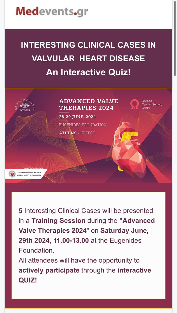 Don’t miss Advanced Valve Therapies 2024 with interactive sessions , simulators on all valves &amp; interventional/imaging approaches &amp; a workshop we are organising on Saturday 29th of June dedicated to young colleagues on VHD Organised by Dr Iakovou &amp; Onassis Cardiothoracic Center