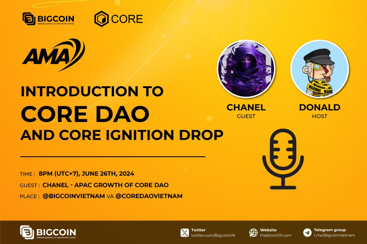 Tham gia #AMA giữa Bigcoin và <a href="/Coredao_Org/">Core DAO 🔶</a> 

Chủ đề: Giới thiệu về dự án Core DAO và chương trình thưởng Core Ignition Drop
⏰Thời gian: 20h GMT+7, 26/6/2024 
📍Địa điểm: t.me/CoreDAOVietnam và t.me/Bigcoinchat
💰Phần thưởng: 50$
🧐Đặt câu hỏi tại: