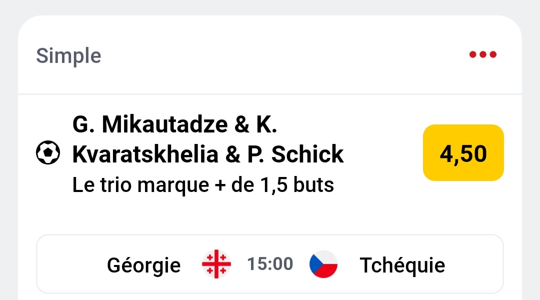 ValueBet3's tweet image. GOALLLLLLL PATOCHE SCHICKKKK VAMOOOOOS LE PERFECT 🥰⚽️🇨🇿🔥 !!!

Mikautadze ou Kvaratshkelia - 2,50 (Winamax) ✅️🔥
Schick - 3,00 (Winamax) ✅️🔥
Mikautadze, Kvaratshkelia, Schick +1,5 buts - 4,50 (Betclic) ✅️🔥

C est donc ça le bonheur un samedi à 16h sur un Géorgie/Tchèquie