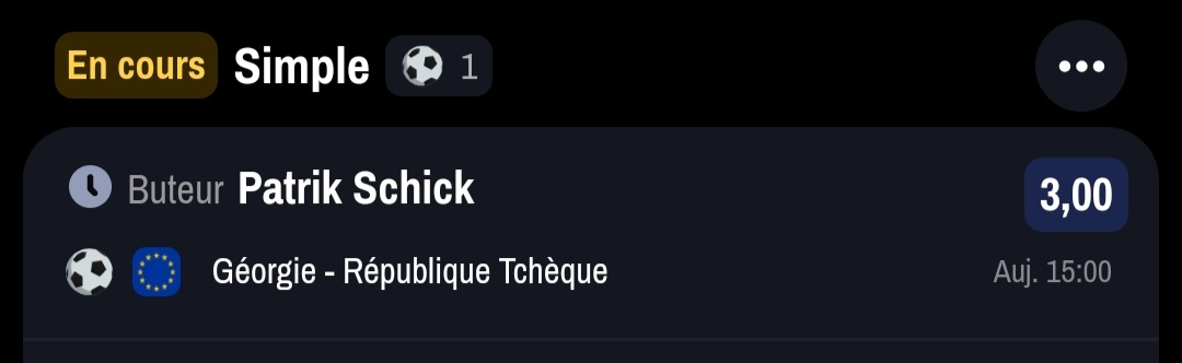 ValueBet3's tweet image. GOALLLLLLL PATOCHE SCHICKKKK VAMOOOOOS LE PERFECT 🥰⚽️🇨🇿🔥 !!!

Mikautadze ou Kvaratshkelia - 2,50 (Winamax) ✅️🔥
Schick - 3,00 (Winamax) ✅️🔥
Mikautadze, Kvaratshkelia, Schick +1,5 buts - 4,50 (Betclic) ✅️🔥

C est donc ça le bonheur un samedi à 16h sur un Géorgie/Tchèquie