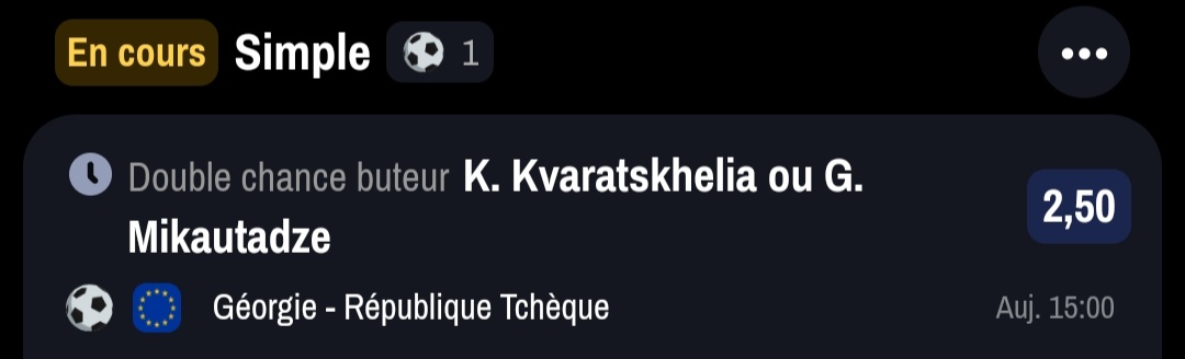 ValueBet3's tweet image. GOALLLLLLL PATOCHE SCHICKKKK VAMOOOOOS LE PERFECT 🥰⚽️🇨🇿🔥 !!!

Mikautadze ou Kvaratshkelia - 2,50 (Winamax) ✅️🔥
Schick - 3,00 (Winamax) ✅️🔥
Mikautadze, Kvaratshkelia, Schick +1,5 buts - 4,50 (Betclic) ✅️🔥

C est donc ça le bonheur un samedi à 16h sur un Géorgie/Tchèquie