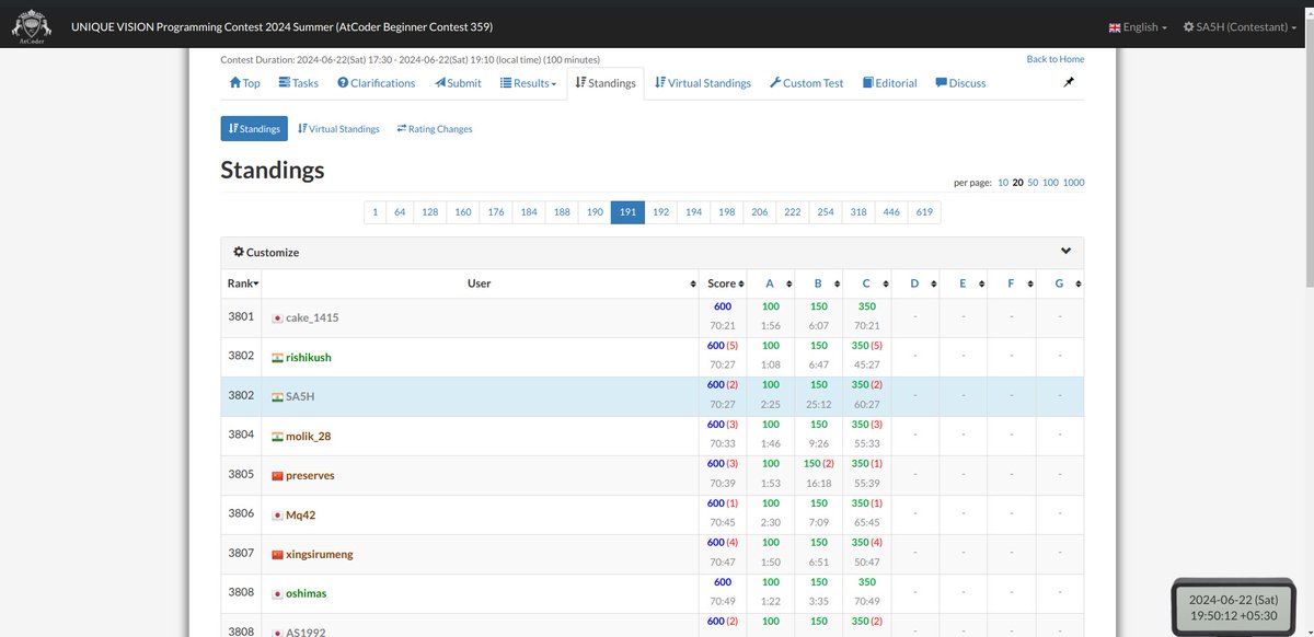 SashIs107's tweet image. Participated in today&apos;s Atcoder Beginner Contest and got a rank of 3802. I was able to solve 3 question in ~60 minutes.