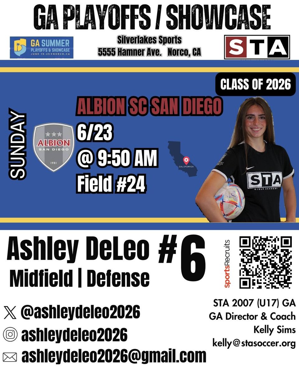 Ashley DeLeo 2026 (@ashleydeleo2026) on Twitter photo Complete team effort in our 3-0 win yesterday to make it 2 for 2 in Cali so far!
🚨Alert * Coaches * Time & Field Change 🚨
⬇️Sunday's Game is now @ 9:50 AM on Field 24⬇️
<a href="/STA_2007GA/">STA 2007 Girls Academy</a> <a href="/STA_Soccer/">STA Soccer</a> <a href="/GAcademyLeague/">Girls Academy</a> Complete team effort in our 3-0 win yesterday to make it 2 for 2 in Cali so far!
🚨Alert * Coaches * Time & Field Change 🚨
⬇️Sunday's Game is now @ 9:50 AM on Field 24⬇️
<a href="/STA_2007GA/">STA 2007 Girls Academy</a> <a href="/STA_Soccer/">STA Soccer</a> <a href="/GAcademyLeague/">Girls Academy</a>