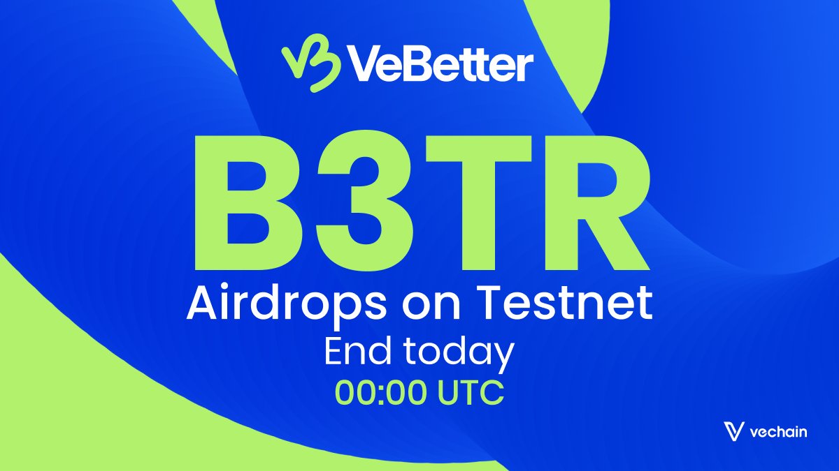 A big thank you to all our awesome VeBetterDAO testnet participants! Today marks the final day for B3TR airdrops on testnet.