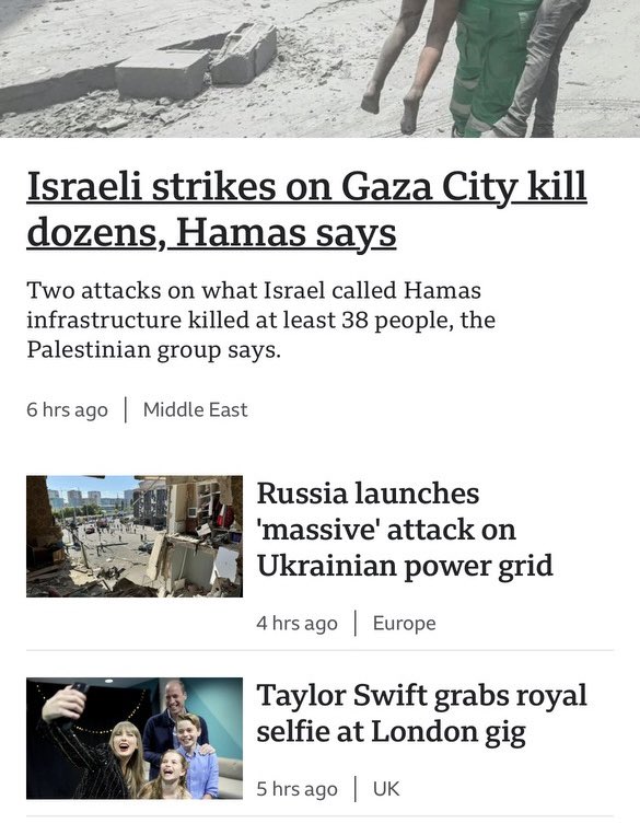 andrewwoodhous4's tweet photo. Top three stories on the @BBCWorld news today: Death, Destruction, and a Taylor Swift selfie. The world truly is fucked. https://t.co/ZJUpqcx8Hy
