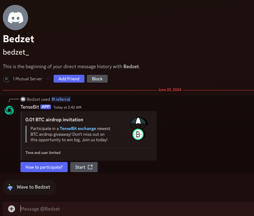 And like clockwork.

Discord allows users to use 'apps' in DMs now, so of course the first time I see this used is for a scam.

Expect a great number of these to start appearing. Both crypto as well as nitro scams.