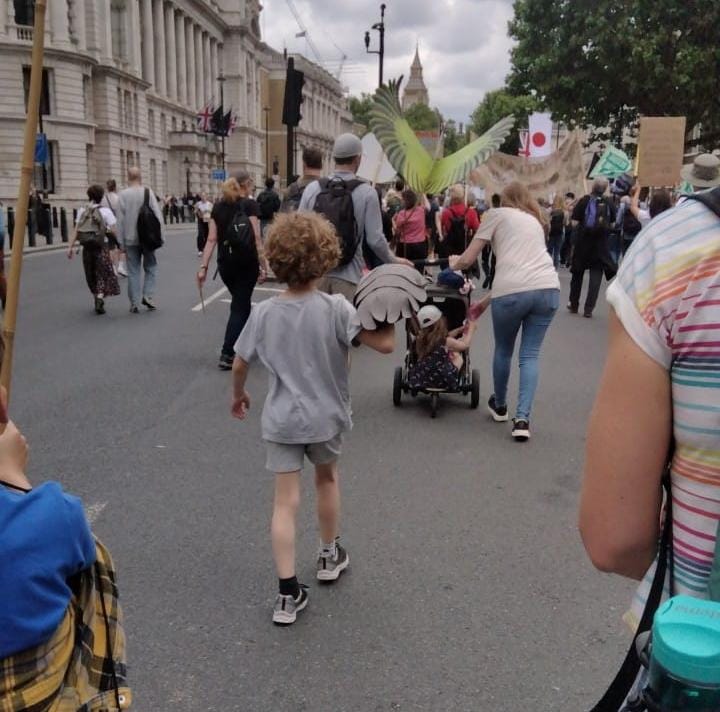 Proud to have marched with our Woodlouse from The Library at the Edge of the World and the littlest puppeteer at their first big protest with a passionate, creative crowd of 10,000s at #RestoreNatureNow