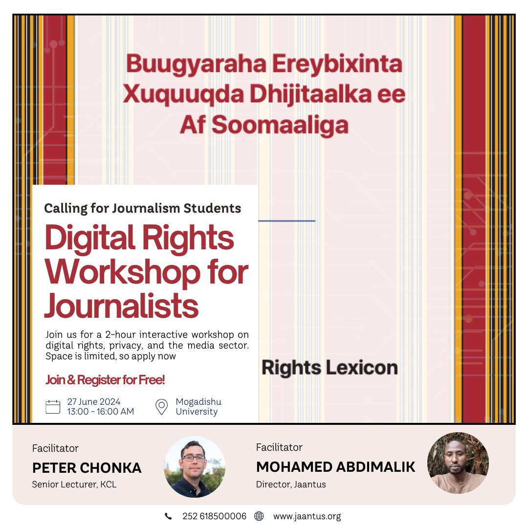 Calling for journalism students in Mogadishu! 

Join us on 📅 June 27 for an interactive workshop on digital rights, privacy, and the media sector in Somalia.

Organized by @petechonka &amp; <a href="/mabdimalik/">abdimalik</a> 
Hosted by <a href="/MogUniver/">Mogadishu University | جامعة مقديشو</a> Department of Journalism

🔗Space is limited, so apply now: