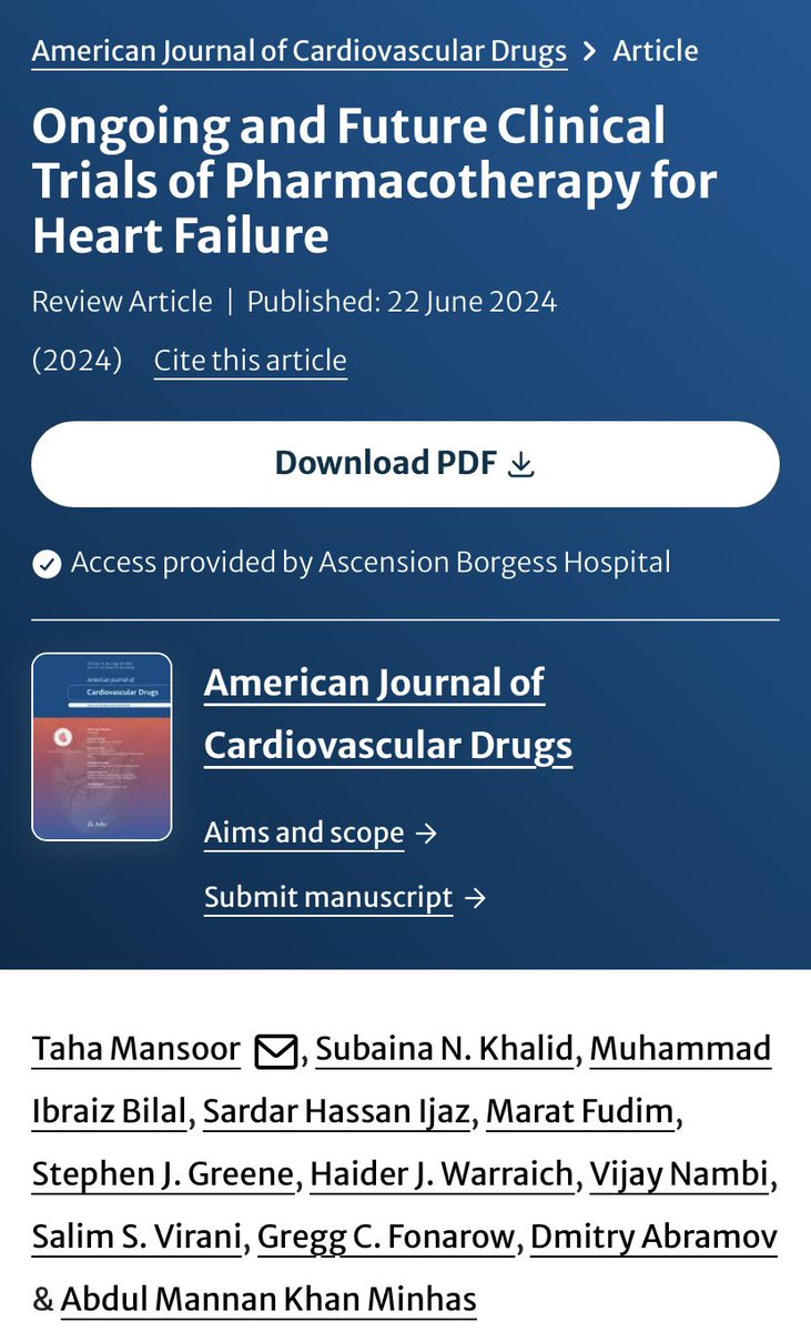 Taha Mansoor (@tahamansoor95) on Twitter photo Excited to share our review of the future of pharmacotherapy for heart failure in the American Journal of Cardiovascular Drugs 🫀
<a href="/AbdulMannan5465/">Abdul Mannan Khan Minhas</a> <a href="/FudimMarat/">Marat Fudim, MD MHS</a> <a href="/SJGreene_md/">Steve Greene</a> <a href="/haiderwarraich/">Haider Warraich</a> <a href="/virani_md/">Salim Virani</a> <a href="/DmitryAbramovMD/">Dmitry Abramov</a> <a href="/gcfmd/">Gregg Fonarow MD</a> <a href="/vijay_nambi/">vijay nambi</a>
link.springer.com/article/10.100… Excited to share our review of the future of pharmacotherapy for heart failure in the American Journal of Cardiovascular Drugs 🫀
<a href="/AbdulMannan5465/">Abdul Mannan Khan Minhas</a> <a href="/FudimMarat/">Marat Fudim, MD MHS</a> <a href="/SJGreene_md/">Steve Greene</a> <a href="/haiderwarraich/">Haider Warraich</a> <a href="/virani_md/">Salim Virani</a> <a href="/DmitryAbramovMD/">Dmitry Abramov</a> <a href="/gcfmd/">Gregg Fonarow MD</a> <a href="/vijay_nambi/">vijay nambi</a>
link.springer.com/article/10.100…