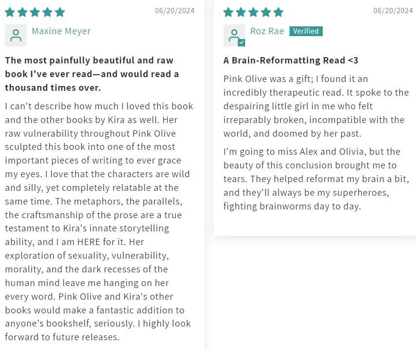Early readers Maxine and Roz gave stunning ⭐ ⭐⭐⭐⭐ reviews for my latest novel PINK OLVIE. Check out my latest release and score it for free today! buff.ly/4baVDKe