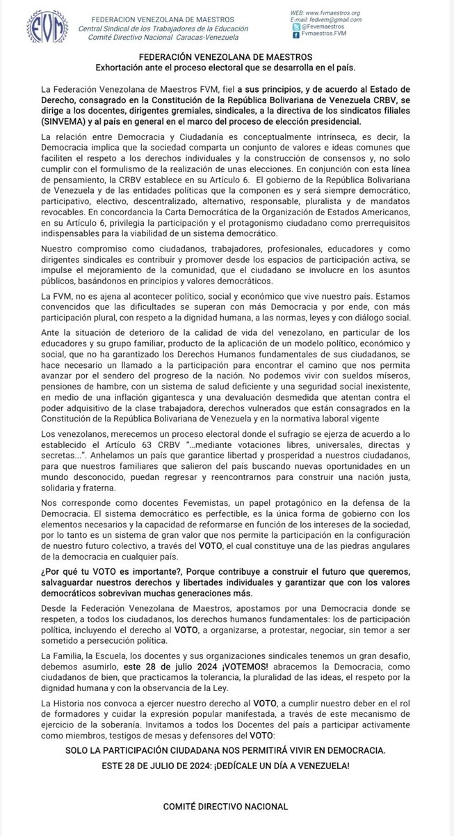 #Comunicado Desde la FVM apostamos por una Democracia donde se respete a todos los ciudadanos, los DDHH fundamentales: los de participación política, incluyendo el derecho al VOTO, a organizarse, a protestar, negociar, sin temor a ser sometido a persecución política. 
#Democracia