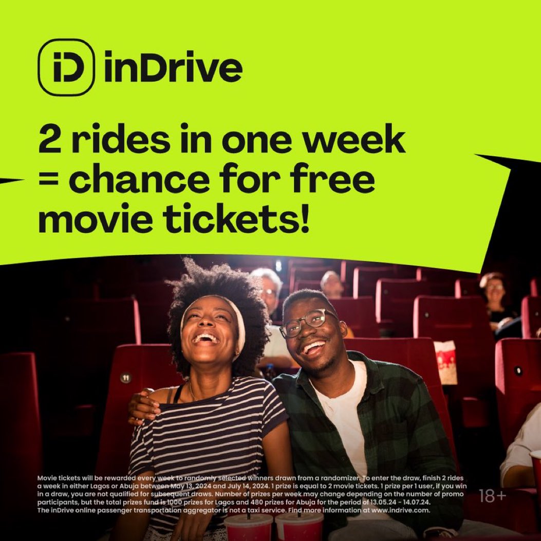 Mubarak_O_O's tweet photo. inDrive Movie Tickets up for grabs, double your rides, double your fun! Take two rides with inDrive this week in Lagos or Abuja and stand a chance to win 2 movie tickets. #inDriveFreeTickets https://t.co/IZJUUlZFGn