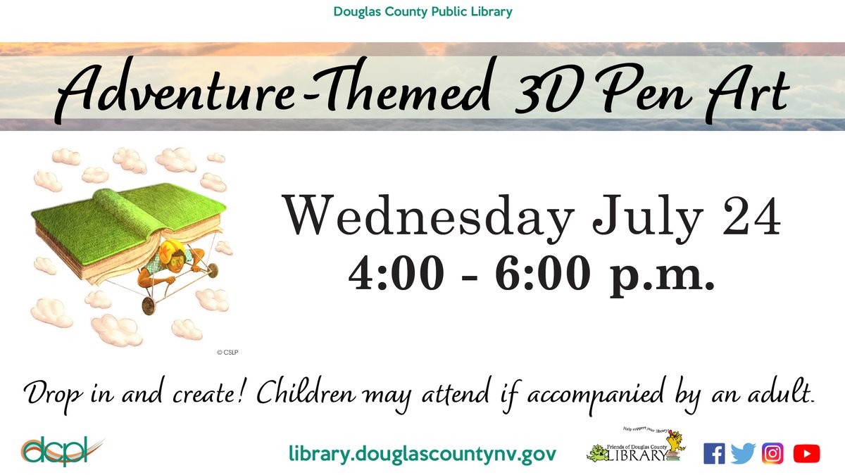 The Douglas County Public Library in Minden will be holding a 3D Pen Art Program for adults on Wednesday, July 24th from 4:00 to 6:00 p.m. Registration is not required. Drop in and create spring-themed 3D Pen Art!