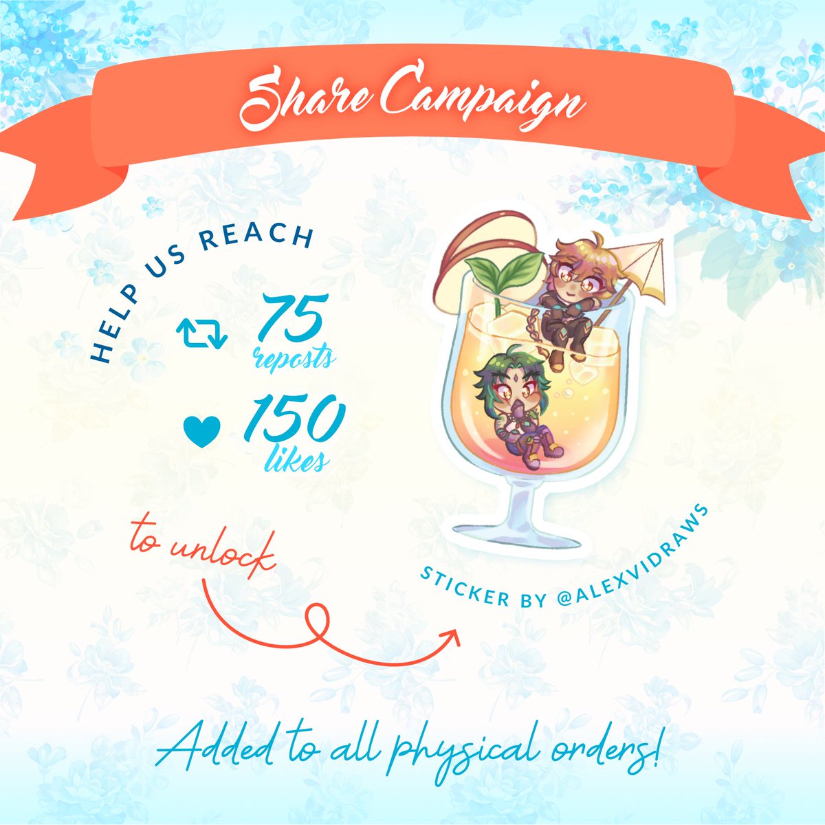 🧭 SHARE CAMPAIGN🧭

Enjoying the sights and romance found in the winds of Mondstadt? Let others know! 

Achieve🔂75 Reposts &amp;❤️150 Likes on this post, and we'll add a sticker by <a href="/alexvidraws/">Vi | COMMS OPEN</a> featuring Aether and Xiao to all physical orders! 

Windblume Wanderlust Preorders🛒🔗⬇️