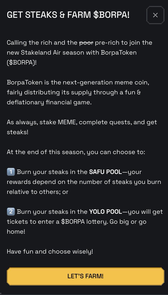 If you were smart enough to ape the <a href="/BorpaTokencom/">Borpa</a> sale and/or plan to participate in their deflationary financial game, you’re going to have to make a decision soon. 

It’s not even a question for me though. I’ll be burning my steaks in the YOLO pool. No gamble no future 🫡