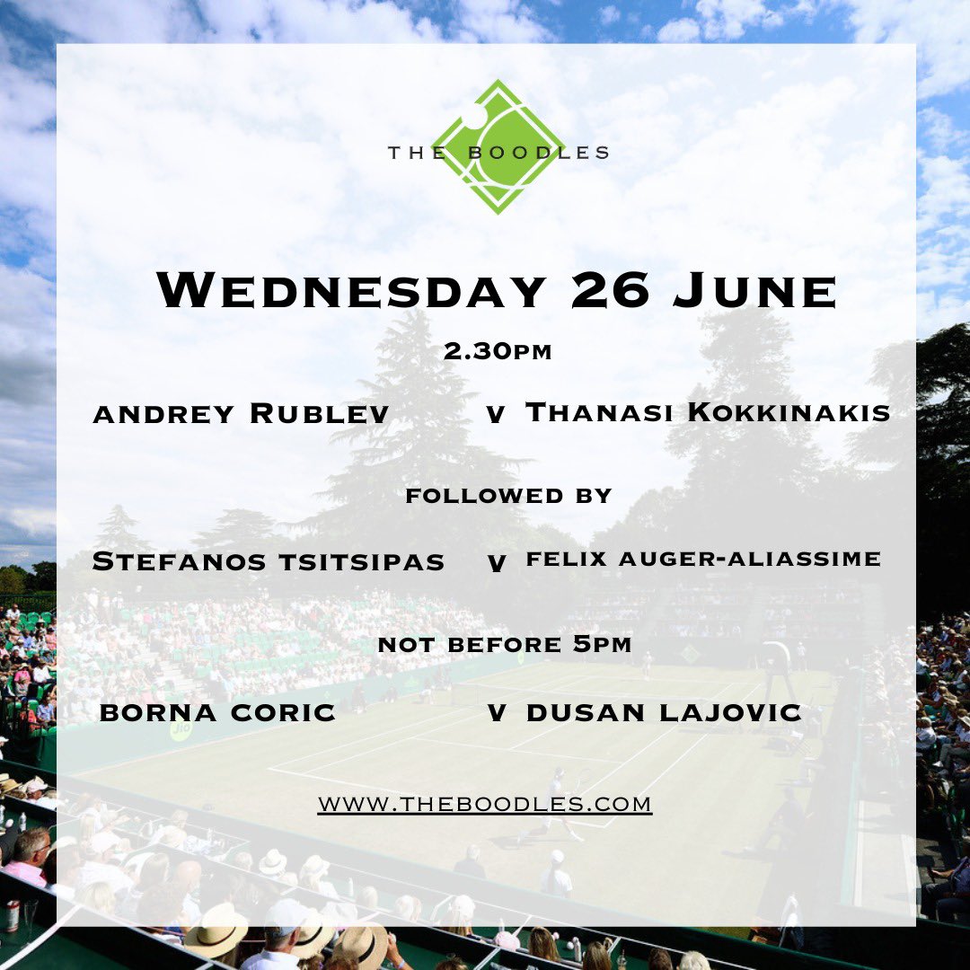 If you can’t make Tuesday, how’s this for a line-up on Wednesday 😁 #rublev #kokkinakis #tsitsipas #fa2 #theboodles <a href="/StokePark/">Stoke Park</a> 🎾🍾💍🌞Limited tickets available at theboodles.com