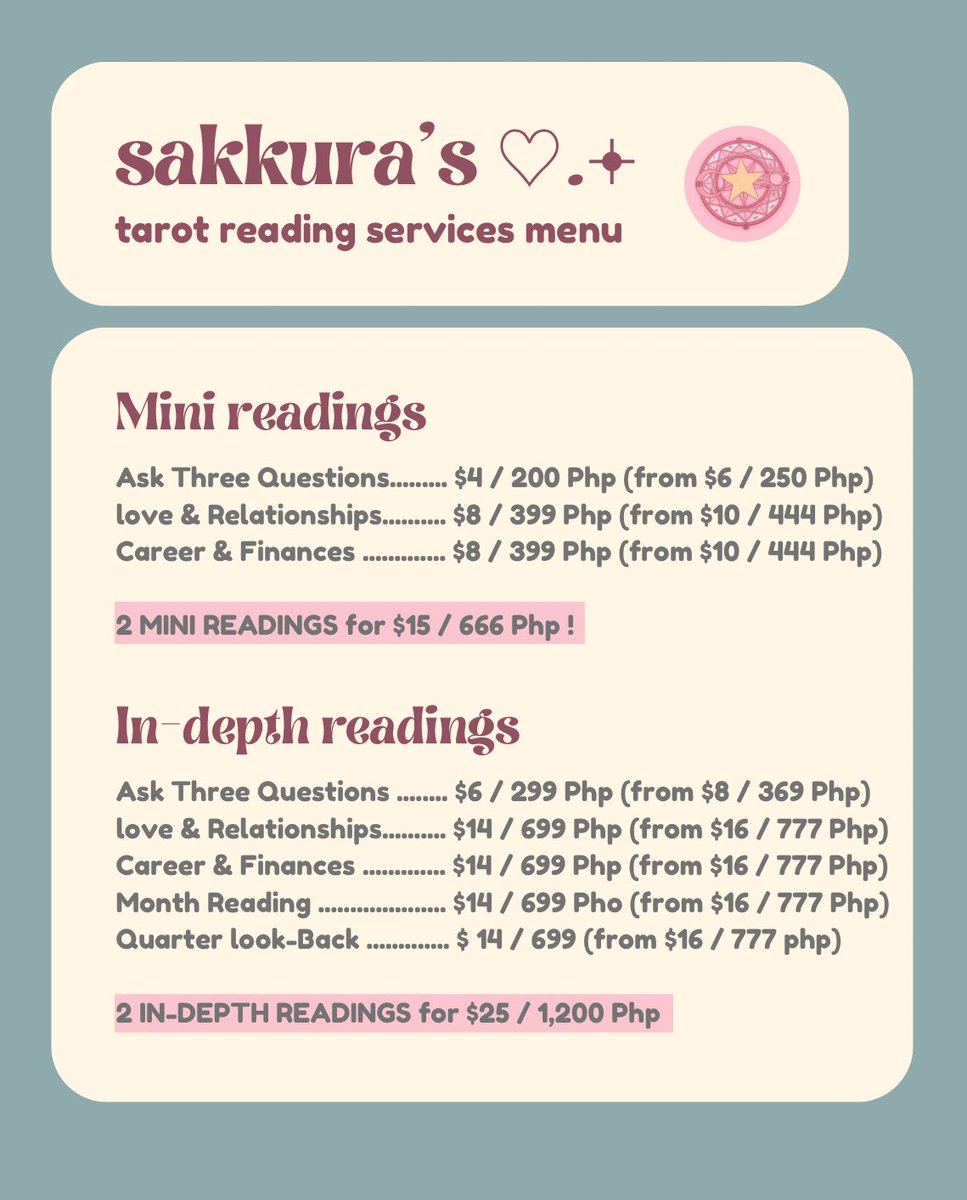 sakkuratarot's tweet photo. 🔮 TAROT READINGS ON SALE ★彡

book a reading with me now but for a cheaper price than usual for a limited time! 🤍

you can get TWO MINI READINGS for $15/₱666 or
TWO IN-DEPTH READINGS for $25/₱1200 !! 🌷

pls retweet to share the good news~ 🌟
╰(*´︶`*)╯♡ ✨ https://t.co/sNI0hfOp8c