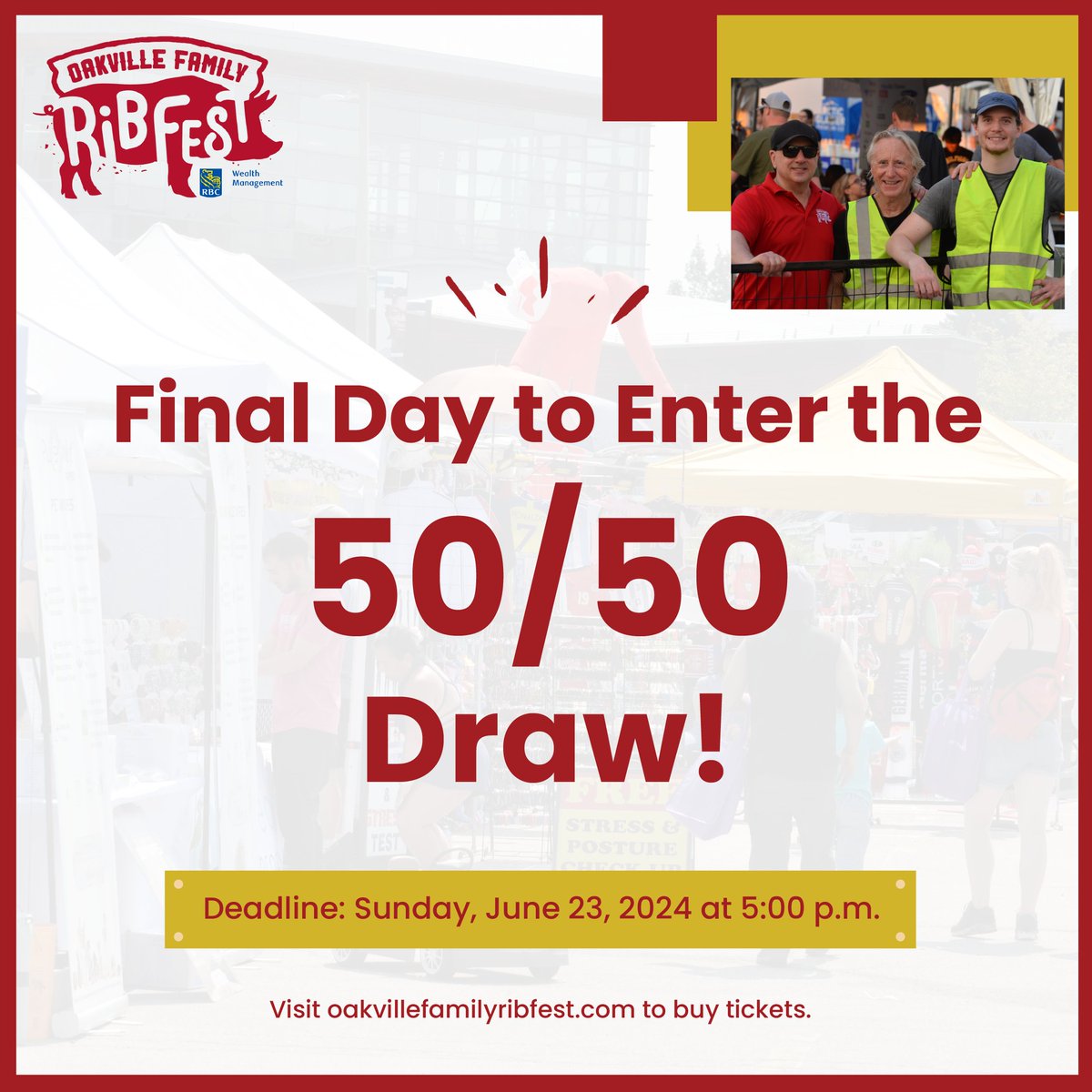 Tomorrow, June 23rd at 5pm is the final day to enter the 50/50 Draw! 🚨All proceeds from this Draw will go directly to ‘Food For Life’ 🤗 Visit the oakvillefamilyribfest.com/50-50-tickets to purchase your tickets 🎟
