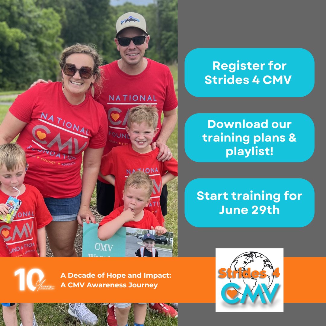 We're one week away from our Strides 4 CMV Worldwide virtual 5k!🏃

If you haven't registered yet, do it here: strides4cmvww.funraise.org

Then check out our 5k training plans and Spotify playlist under 'Learn more' on our fundraising page. 

#StopCMV #HopeAndImpact